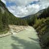 The Blaeberry River with glacial Cairnes Creek flowing into it on the left, seen looking upstream (northeast) from the bridge at the Cairnes Creek Campground.