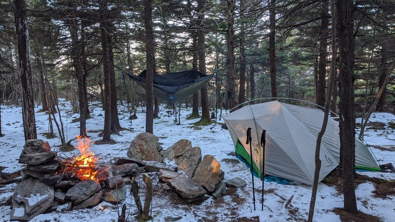 Campsite with great fire set up right off the trail.