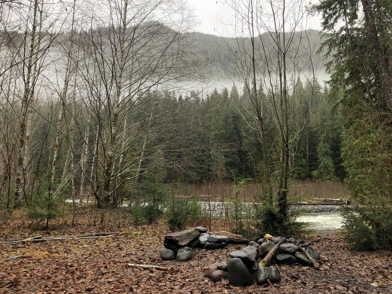 The Wolf Bar camp along the North Fork Quinault River in winter