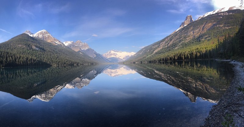 panoramic view of Glacier Lake in the morning from the backcountry campsite