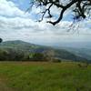 The Santa Cruz Mountains are seen in the distance to the southwest (right) from the high ridge walk of Dutch Flat Trail. Loma Prieta, 3,790 ft. is the tallest Santa Cruz Mountain, in the distance at the right. Santa Clara Valley spreads out below (right).