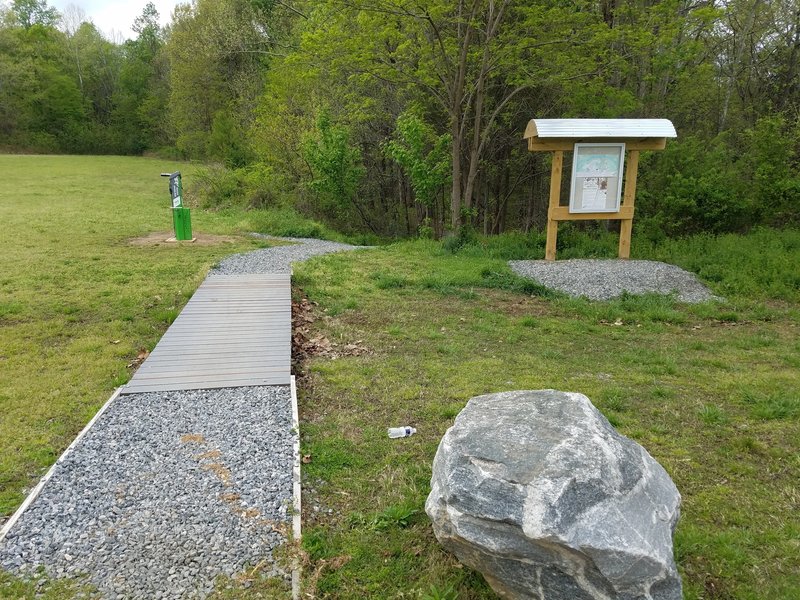 Starting point for the Fredericksburg Quarry Trail System from Sunshine Ballpark.  Map of the trail system is shown on the right side kiosk