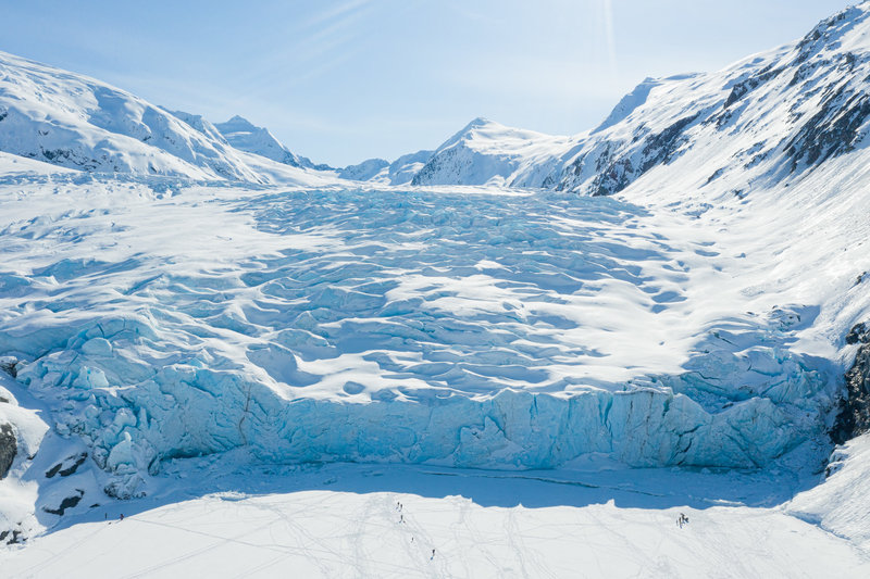 Aerial of Portage Glacier in winter.