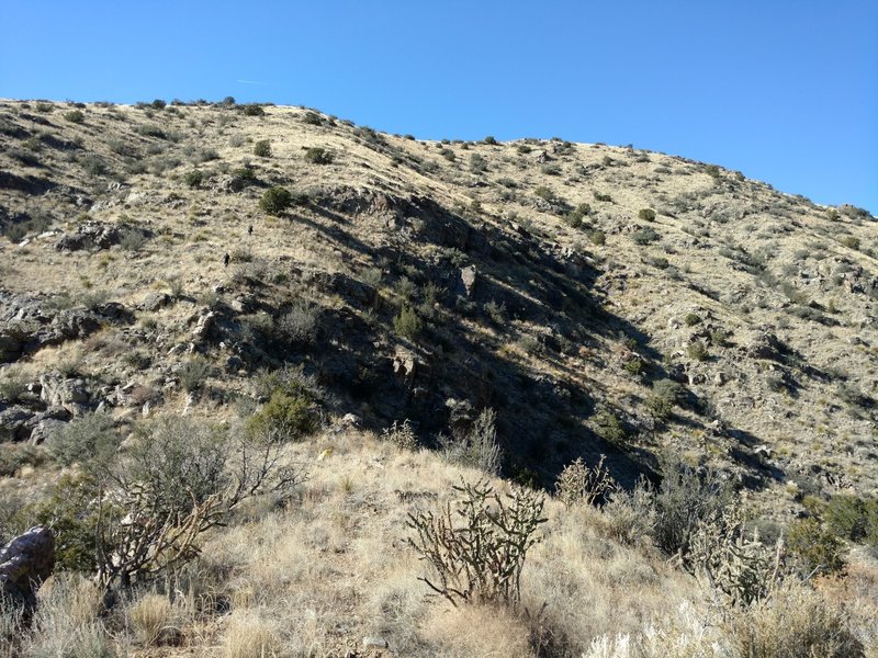 Couple of hikers beginning the climb to Rincon Ridge, on the skyline.