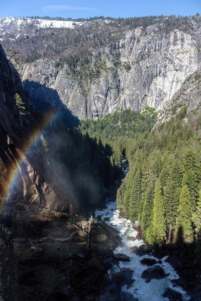 A partial rainbow above a very misty Vernal Falls