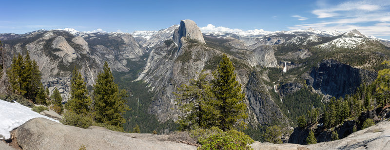 Panorama across Tenaya Canyon, Half Dome, Vernal and Nevada Falls, and Mount Starr King