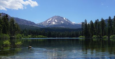 The iconic view of Lassen Peak from Manzanita Lake's north end.