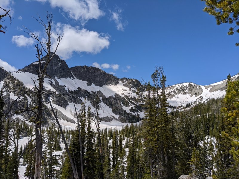 View of snow covered lake, in July.