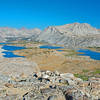 From Puppet Pass. From the left bottom we see Blanc Lake, Lorraine Lake, Paris Lake and Alsace Lake. Puppet Lake and Paris Lake are on the right. Royce Lakes Basin is in the upper right.