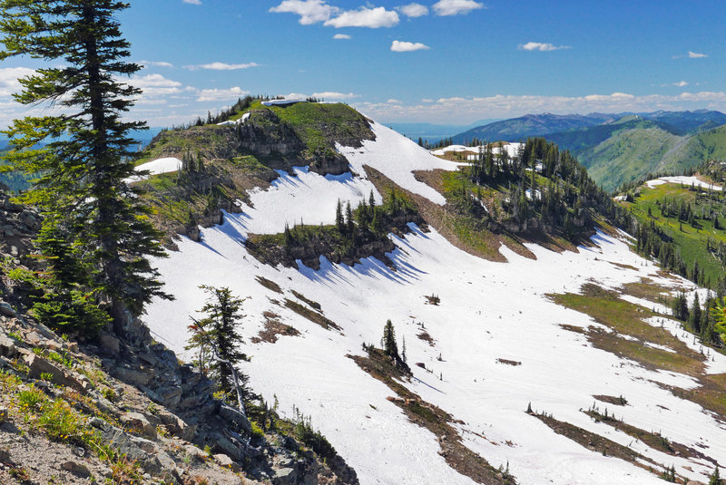 view from Warrior Mtn of snowfield covering trail (July 2020)