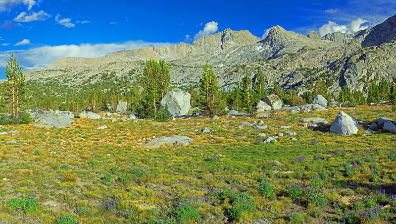 The right half of a breathtaking 180-degree late afternoon panorama from a knoll beyond Golden Trout Lake