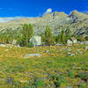 The right half of a breathtaking 180-degree late afternoon panorama from a knoll beyond Golden Trout Lake