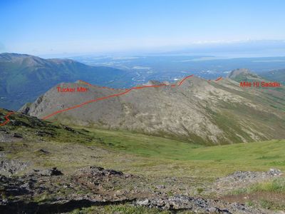 View west from flank of Mt. Magnificent of route of trail along the ridge east from Mile Hi Saddle.