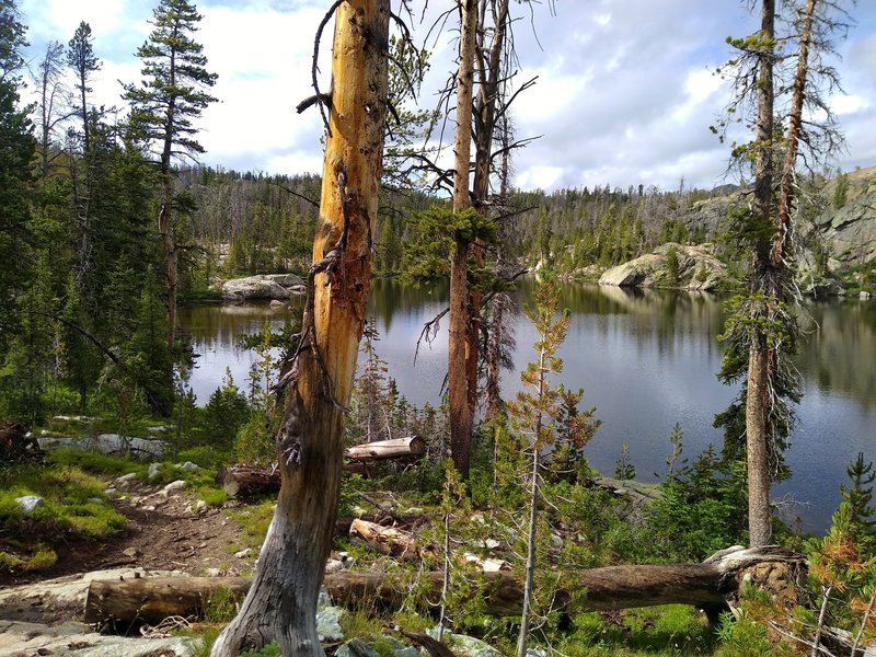 Tiny Edmond Lake is set in a rocky, thinly wooded area along Highline Trail.