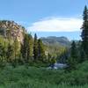 Approaching Pole Creek from the south on Highline Trail, high distant mountains come into view.