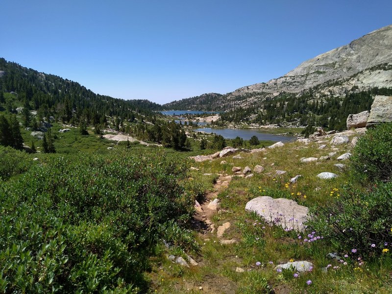 Baldy Lakes, at the foot of Mt. Baldy (right), are seen from the  junction of the CDT/Fremont Trail and Baldy Lakes Trail.