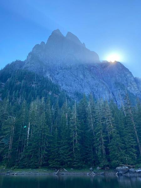 View from Barclay Lake of Mt. Baring a common BASE Jump location.