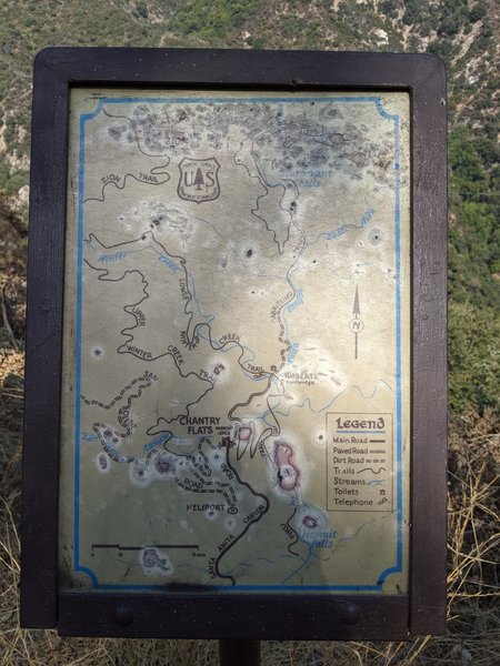 Trail map posted at initial descent from parking area. Note that pit toilet at Roberts Camp junction is no longer there (as of Sept. 2020).