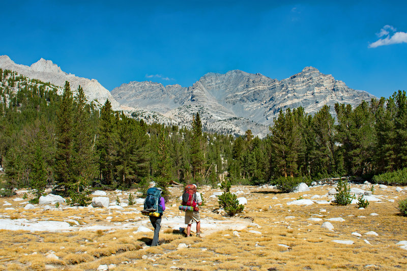 Looking towards the black and white stripped Peak 12,245 feet from below Piute Pass.