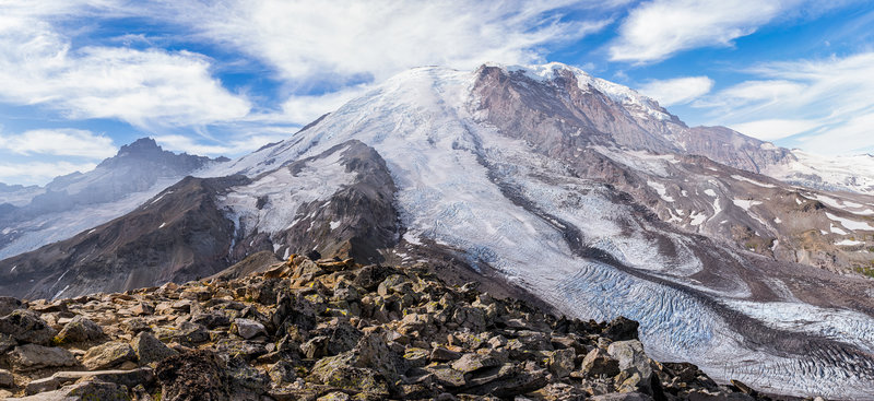 Third Burroughs Mountain looking out at (right to left) Liberty Ridge, Curtis Ridge, Winthrop Glacier, The Wedge & Inter-Glacier, Emmons Glacier, and Little Tahoma.