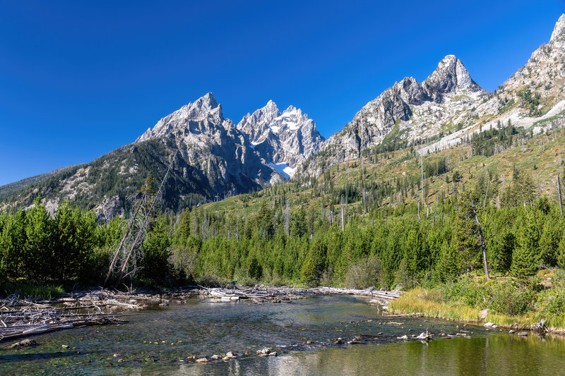 Teewinot Mountain, Mount Owen, and Storm Point across the String Lake outlet