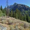 An unamed peak looms over Crows Nest Lookout Trail. The trail climbs through a pass at the base of this peak.