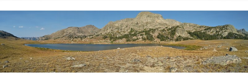 Summit Lake. Seen from its west side, 135 degree panorama. North (left) to southeast (right). The Green River drainage drops off to the north (left). Mt. Oeneis, 12,232 ft., to the east (center right).