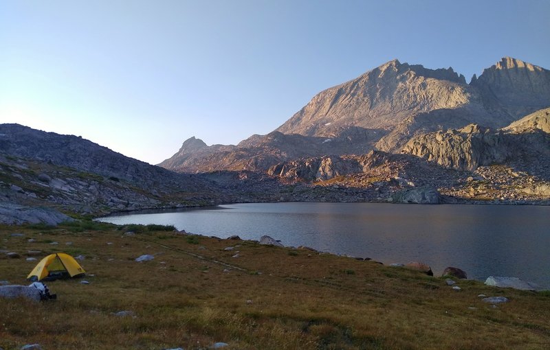 Twilight at Upper Jean Lake. Bow Mountain (right), 13,020 feet., catches the last rays of the sun as it watches over Upper Jean Lake. Mount Arrowhead, 12,972 feet., (extreme right) is just east of Bow Mountain.