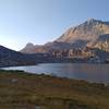 Twilight at Upper Jean Lake. Bow Mountain (right), 13,020 feet., catches the last rays of the sun as it watches over Upper Jean Lake. Mount Arrowhead, 12,972 feet., (extreme right) is just east of Bow Mountain.