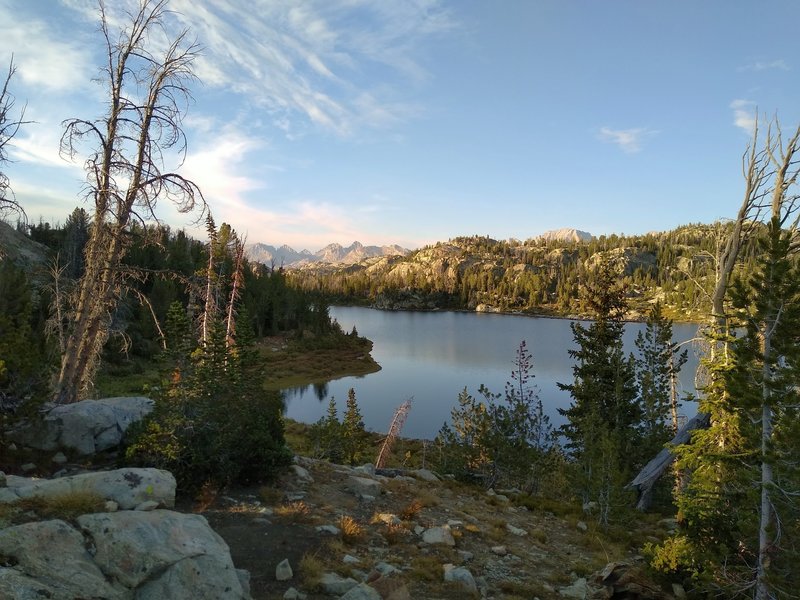 Evening at Hobbs Lake along Seneca Lake Trail. Looking north towards the highest peaks of the Wind Rivers.