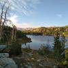 Evening at Hobbs Lake along Seneca Lake Trail. Looking north towards the highest peaks of the Wind Rivers.