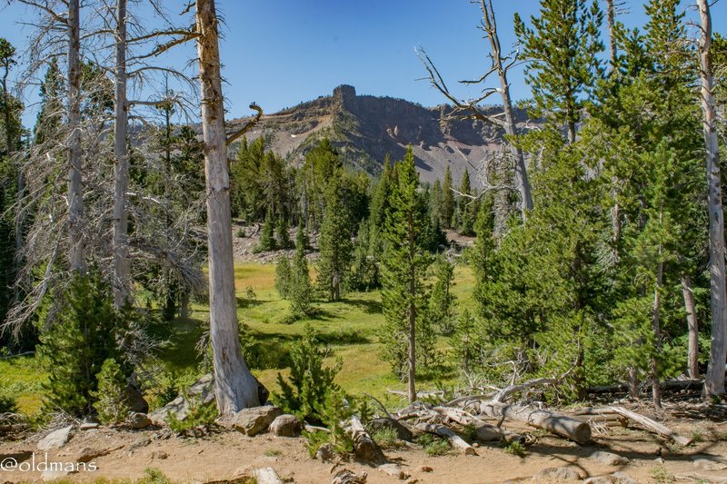 Looking across a meadow toward the rim over the lake.