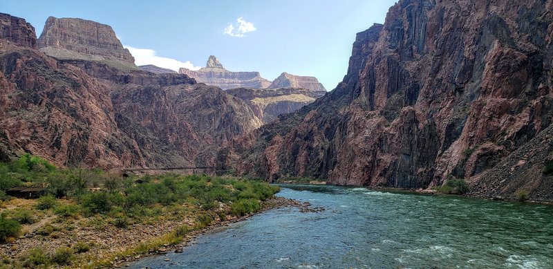 View of a September Colorado River from the Sliver Bridge back over to the River Trail - You can see the black suspension bridge to the east