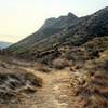 View of a trail split, the Gaviota Peak trail is to the left. Not terribly obvious as you feel like following it around the peak and down.