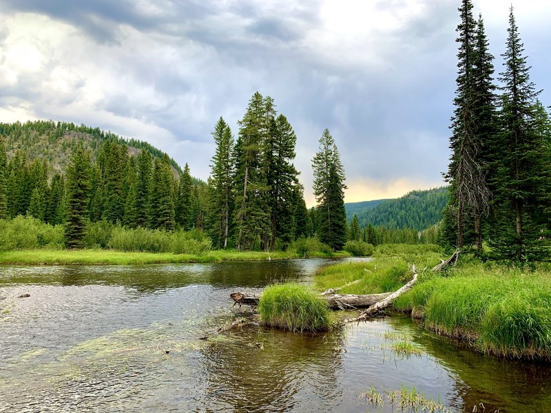 View from Ouzel Falls campsite of the Bechler River looking Northeast back up Bechler Canyon.