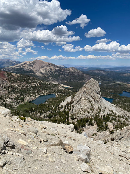 Looking down from the crest over crystal crag and lake on the left, Mammoth Mountain.