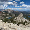 Looking down from the crest over crystal crag and lake on the left, Mammoth Mountain.