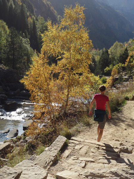 Autumn hiker near Gradas de Soaso (Soaso cascades)