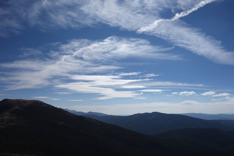 Interesting sky to the south toward Lime Ridge with Mt Peck at the left, viewed from Monarch Ridge.