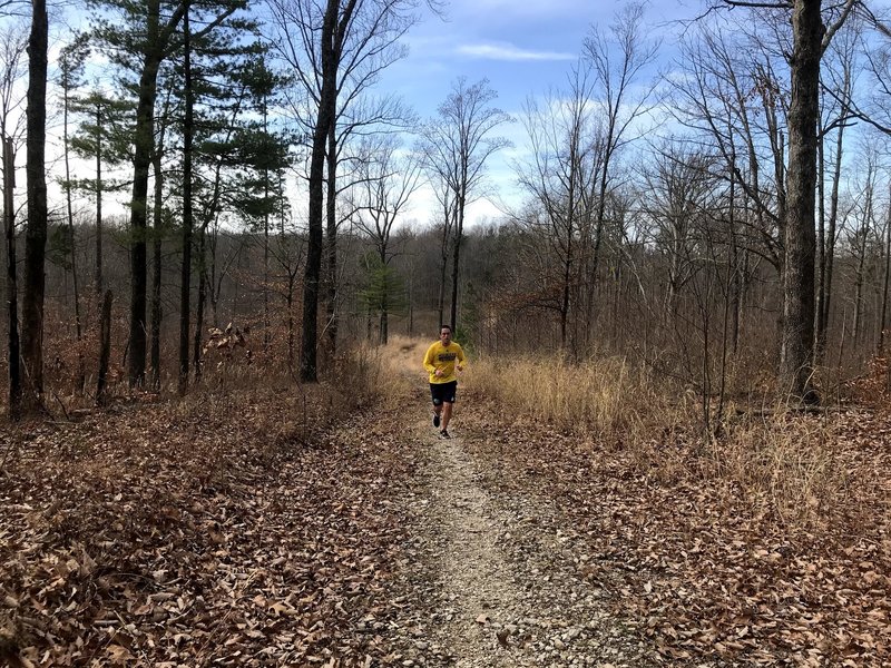 My husband running up a hill on the German Ridge (South Loop).