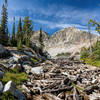 The log jammed outlet of Sawtooth Lake.