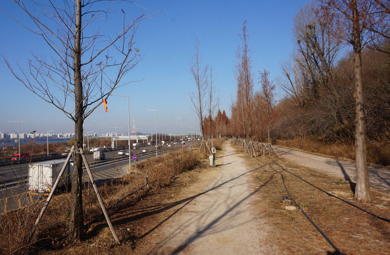 The trail in reverse alongside Gangbyeonbuk Road.