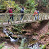 A long bridge spans a small waterfall near the start of the trail.