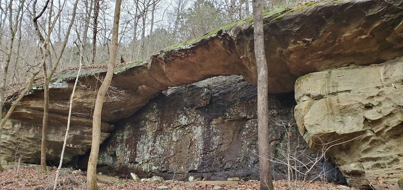 A natural bridge with a stone backdrop.