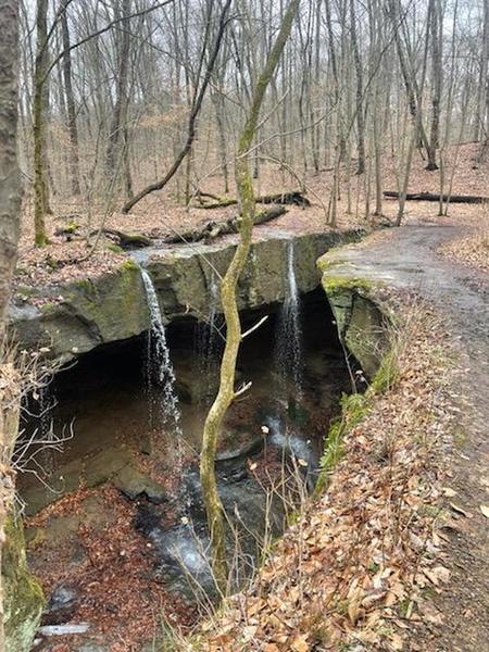 Standing on top of the Natural Rockbridge looking at the falls and the recess cave.