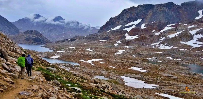 July 2018 JMT thru Hike. South bound. Just crossed over Muir Pass looking south at Helen Lake