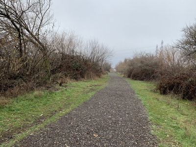 Mostly gravel but some grass areas, restrooms located in a few areas of the trail.