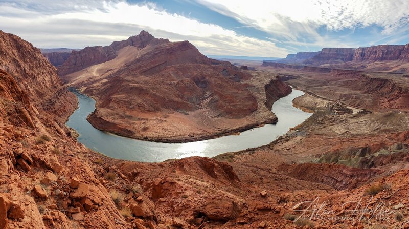 From the top of Spencer Trail overlooking Lee's Ferry with Navajo Bridge and the Vermillion Cliffs in the background.