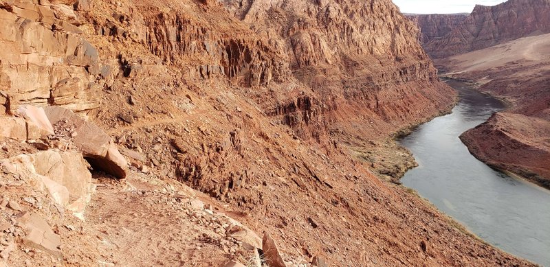 A segment of trail about halfway up. Looking up river from Lee's Ferry. The trail is pretty exposed most of the way.