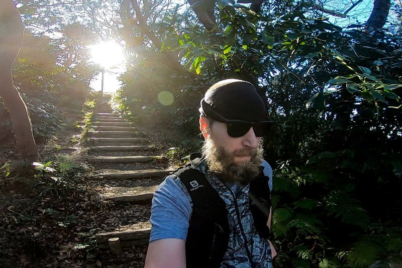 Running down the stairs from the summit of Mt. Ogusu.